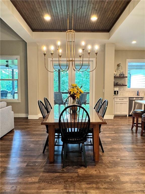 112 Three Oaks Dr SE, Calhoun, GA 30701 - dining space featuring a tray ceiling, dark wood-style floors, wooden ceiling, a chandelier, and recessed lighting
