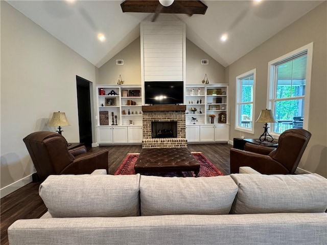 112 Three Oaks Dr SE, Calhoun, GA 30701 - living area featuring ceiling fan, high vaulted ceiling, dark wood finished floors, a brick fireplace, and recessed lighting