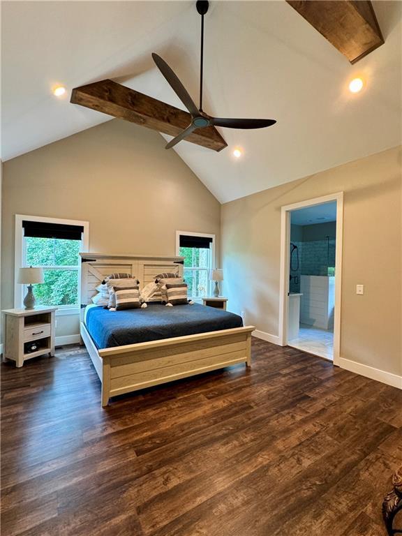 112 Three Oaks Dr SE, Calhoun, GA 30701 - bedroom featuring high vaulted ceiling, multiple windows, wood finished floors, beam ceiling, and ensuite bathroom
