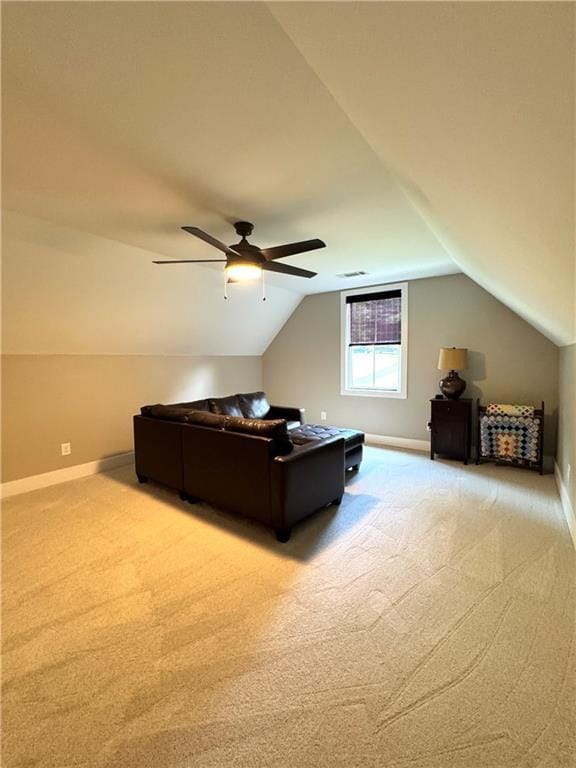 112 Three Oaks Dr SE, Calhoun, GA 30701 - carpeted living room featuring lofted ceiling and ceiling fan