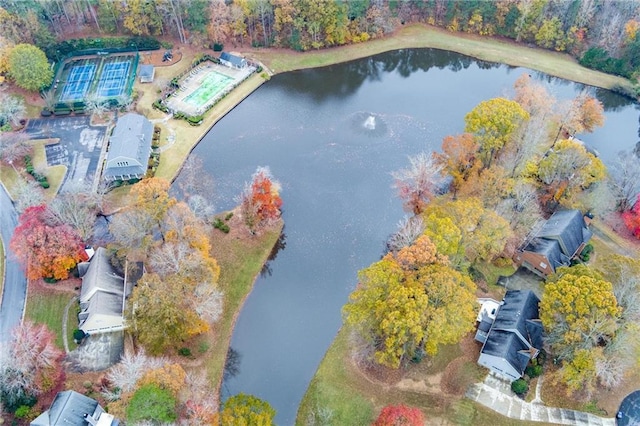 drone / aerial view with a water view