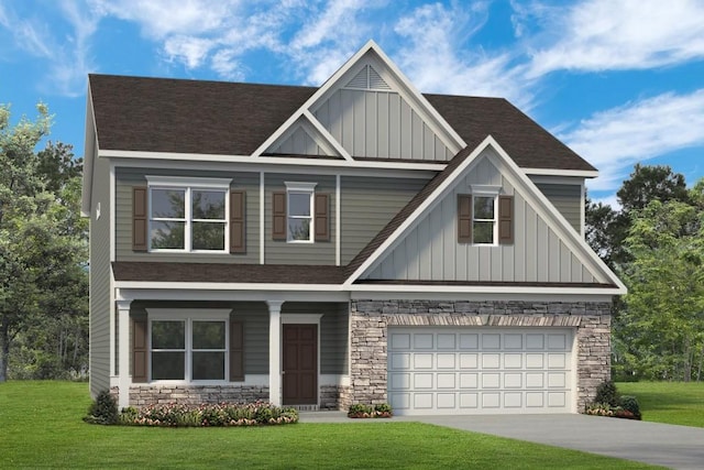 craftsman-style home featuring a garage and a front lawn