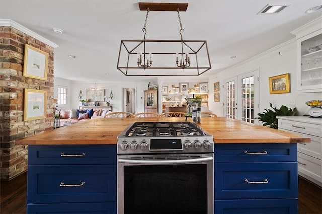 302 Chinquapin Dr SW, Marietta, GA 30064 - kitchen featuring stainless steel gas stove, butcher block counters, blue cabinets, and ornamental molding