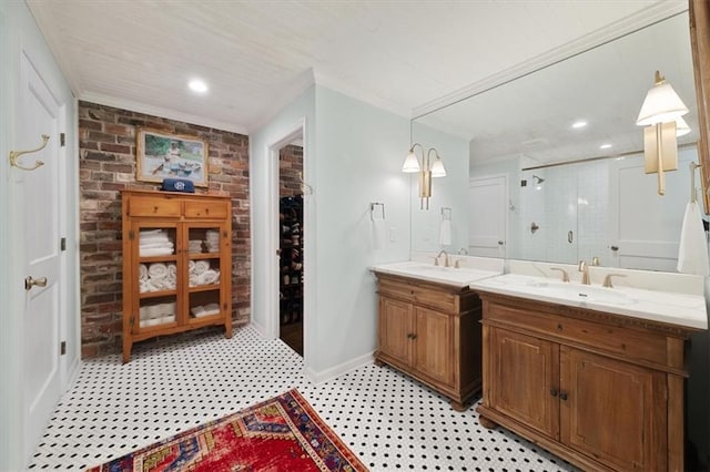 302 Chinquapin Dr SW, Marietta, GA 30064 - full bath with a shower stall, two vanities, brick wall, baseboards, and tile patterned floors