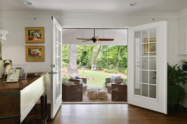 302 Chinquapin Dr SW, Marietta, GA 30064 - entryway with french doors, a ceiling fan, ornamental molding, and wood finished floors
