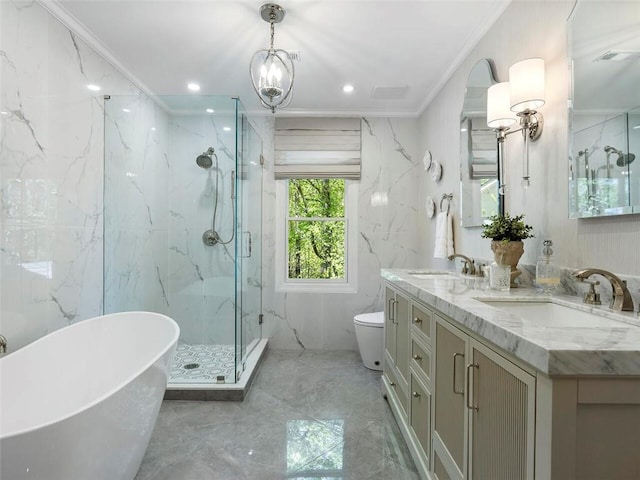 full bathroom featuring ornamental molding, vanity, a notable chandelier, plus walk in shower, and toilet