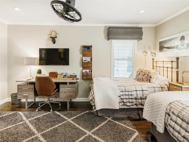 bedroom with crown molding and dark wood-type flooring