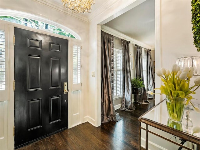 foyer entrance with a chandelier, dark hardwood / wood-style flooring, and ornamental molding