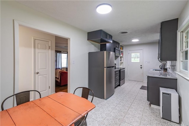 kitchen with a wealth of natural light, appliances with stainless steel finishes, sink, and a textured ceiling