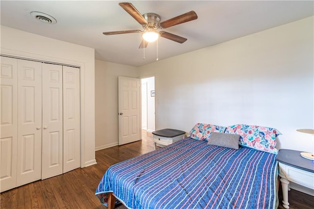 bedroom with ceiling fan, dark hardwood / wood-style floors, and a closet