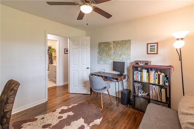 office space with ceiling fan and dark hardwood / wood-style floors