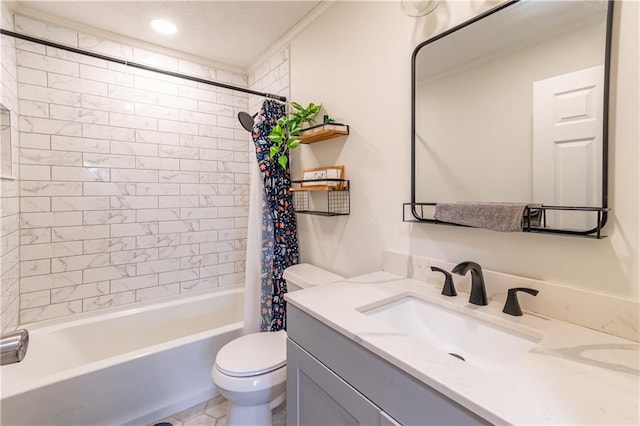 full bathroom featuring ornamental molding, vanity, shower / bath combo with shower curtain, and toilet