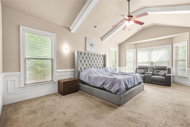 229 Primstone Way, Mcdonough, GA 30253 - bedroom featuring vaulted ceiling, wainscoting, carpet, and a ceiling fan