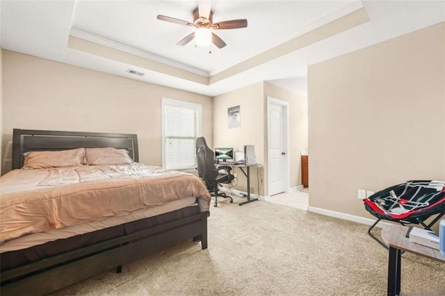 229 Primstone Way, Mcdonough, GA 30253 - bedroom with a tray ceiling, ornamental molding, carpet flooring, baseboards, and ceiling fan