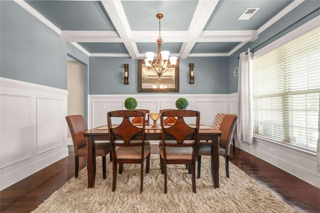 229 Primstone Way, Mcdonough, GA 30253 - dining room featuring a chandelier, a decorative wall, beam ceiling, wood finished floors, and coffered ceiling