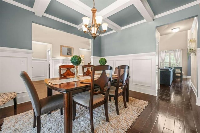 229 Primstone Way, Mcdonough, GA 30253 - dining room featuring coffered ceiling, a decorative wall, a chandelier, dark wood-type flooring, and beamed ceiling