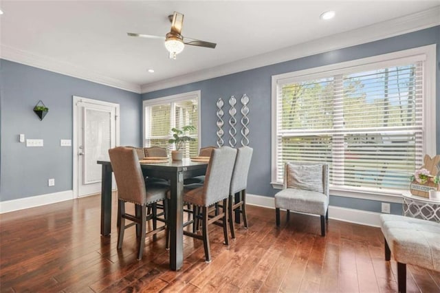 229 Primstone Way, Mcdonough, GA 30253 - dining area featuring crown molding, baseboards, hardwood / wood-style flooring, a ceiling fan, and recessed lighting