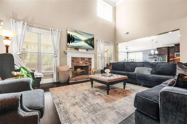 229 Primstone Way, Mcdonough, GA 30253 - living room featuring plenty of natural light, wood finished floors, a fireplace, and a towering ceiling