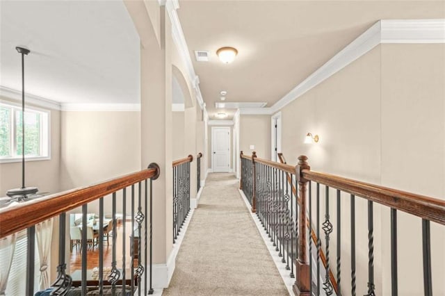 229 Primstone Way, Mcdonough, GA 30253 - corridor featuring ornamental molding, carpet floors, an upstairs landing, and baseboards