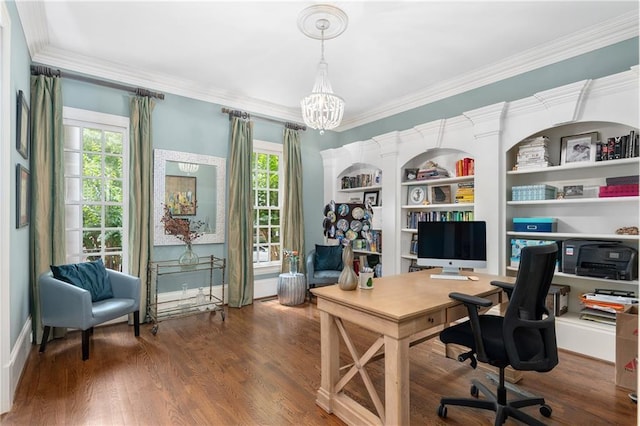 8643 Ellard Dr, Alpharetta, GA 30022 - home office with a chandelier, wood finished floors, crown molding, and healthy amount of natural light