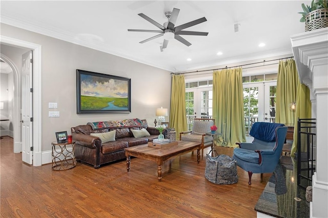 8643 Ellard Dr, Alpharetta, GA 30022 - living room with french doors, ornamental molding, a ceiling fan, wood finished floors, and recessed lighting