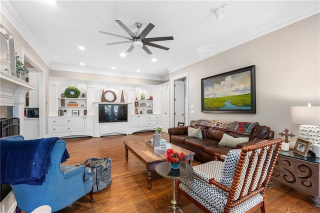 8643 Ellard Dr, Alpharetta, GA 30022 - living room featuring a ceiling fan, wood finished floors, ornamental molding, recessed lighting, and a fireplace