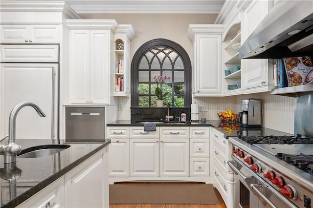 8643 Ellard Dr, Alpharetta, GA 30022 - kitchen with open shelves, ventilation hood, appliances with stainless steel finishes, crown molding, and white cabinetry