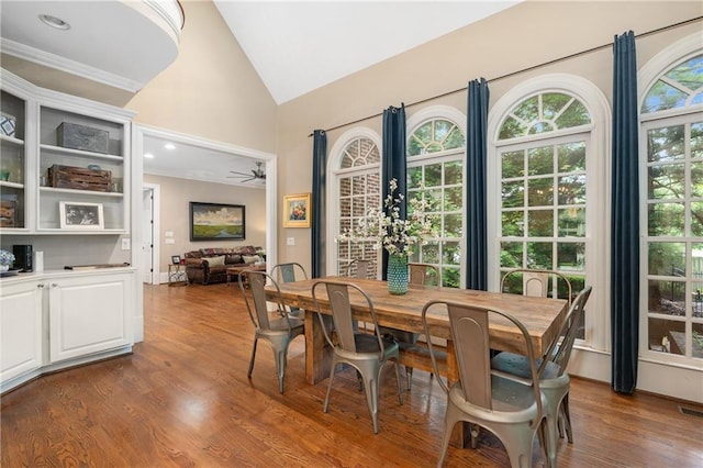 8643 Ellard Dr, Alpharetta, GA 30022 - dining room featuring high vaulted ceiling, dark wood-style flooring, and a ceiling fan