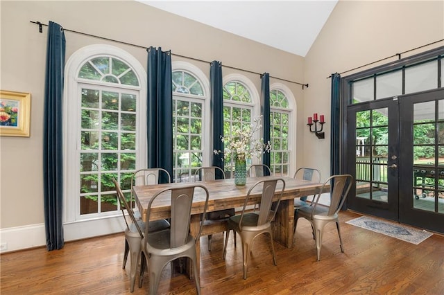 8643 Ellard Dr, Alpharetta, GA 30022 - dining space featuring french doors, wood finished floors, and high vaulted ceiling
