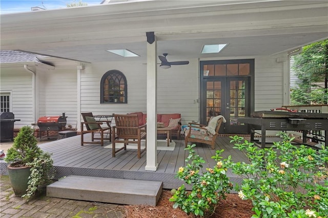 8643 Ellard Dr, Alpharetta, GA 30022 - wooden deck with french doors, an outdoor hangout area, grilling area, and ceiling fan