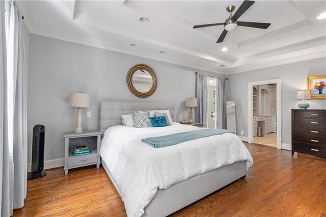 8643 Ellard Dr, Alpharetta, GA 30022 - bedroom with a raised ceiling, crown molding, wood finished floors, recessed lighting, and ensuite bathroom