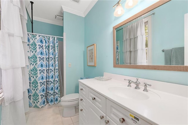 8643 Ellard Dr, Alpharetta, GA 30022 - bathroom with crown molding, vanity, a shower with shower curtain, and tile patterned floors