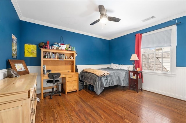 8643 Ellard Dr, Alpharetta, GA 30022 - bedroom with dark wood-style floors, wainscoting, a ceiling fan, ornamental molding, and a desk