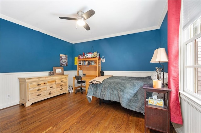8643 Ellard Dr, Alpharetta, GA 30022 - bedroom featuring multiple windows, wood finished floors, a wainscoted wall, crown molding, and ceiling fan