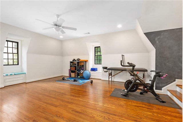 8643 Ellard Dr, Alpharetta, GA 30022 - workout area featuring plenty of natural light, wood finished floors, ceiling fan, and recessed lighting