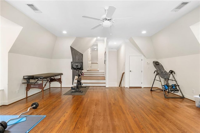 8643 Ellard Dr, Alpharetta, GA 30022 - exercise area featuring wood finished floors, vaulted ceiling, ceiling fan, and recessed lighting