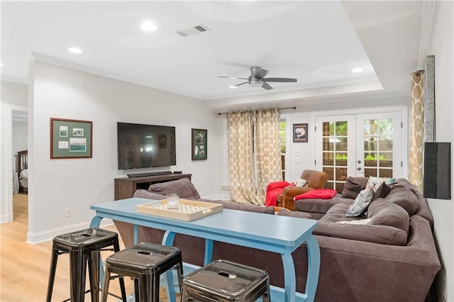 8643 Ellard Dr, Alpharetta, GA 30022 - living room with french doors, a ceiling fan, light wood finished floors, recessed lighting, and crown molding