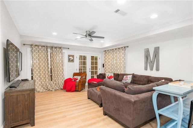 8643 Ellard Dr, Alpharetta, GA 30022 - living area featuring light wood finished floors, ceiling fan, french doors, recessed lighting, and crown molding