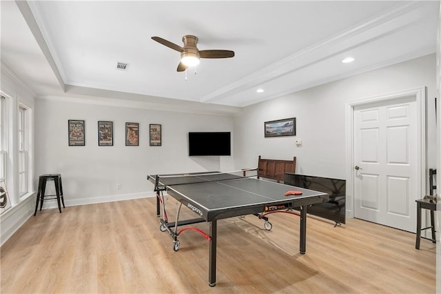 8643 Ellard Dr, Alpharetta, GA 30022 - recreation room featuring light wood-style floors, ceiling fan, recessed lighting, a raised ceiling, and crown molding