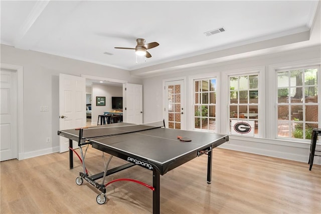 8643 Ellard Dr, Alpharetta, GA 30022 - game room featuring ceiling fan, light wood-type flooring, and crown molding