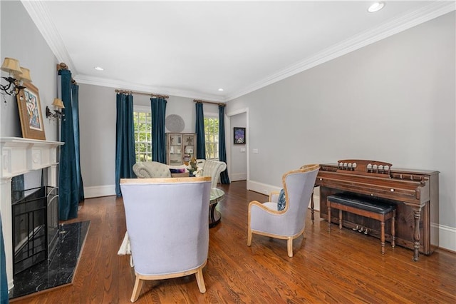 8643 Ellard Dr, Alpharetta, GA 30022 - living room with wood finished floors, ornamental molding, a premium fireplace, and recessed lighting