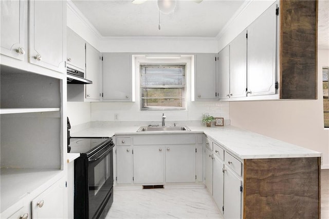 40 Kingston Dr, Comer, GA 30629 - kitchen featuring a sink, black range with electric stovetop, marble finish floor, light countertops, and under cabinet range hood