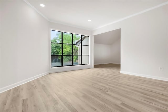 bonus room with baseboards, light wood-style floors, and recessed lighting