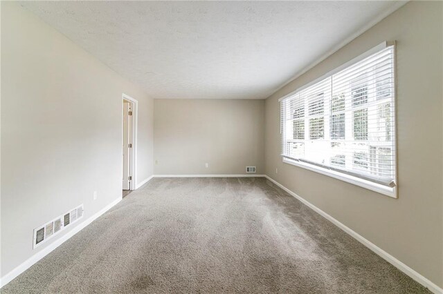 carpeted empty room featuring a textured ceiling