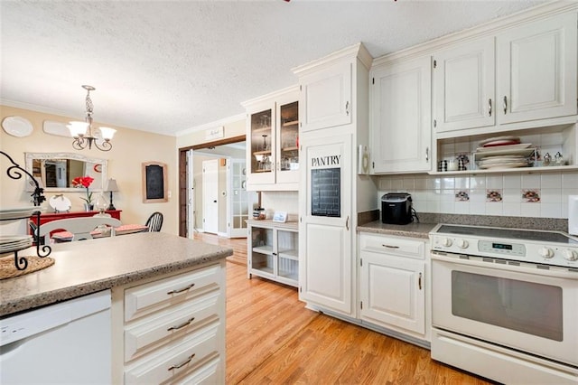 kitchen with light wood-type flooring, white appliances, glass insert cabinets, and white cabinetry