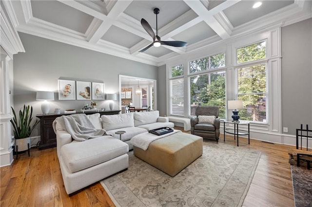 2517 Stone Manor Dr, Buford, GA 30519 - living area with a high ceiling, ceiling fan, plenty of natural light, light wood-style flooring, and coffered ceiling