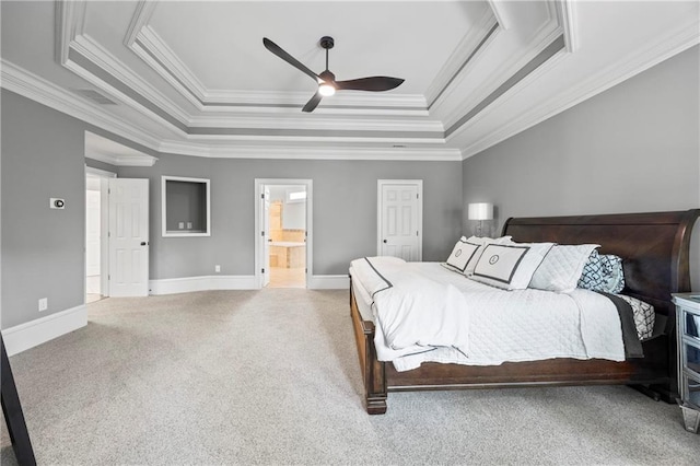 2517 Stone Manor Dr, Buford, GA 30519 - bedroom with a tray ceiling, carpet flooring, crown molding, baseboards, and ensuite bathroom