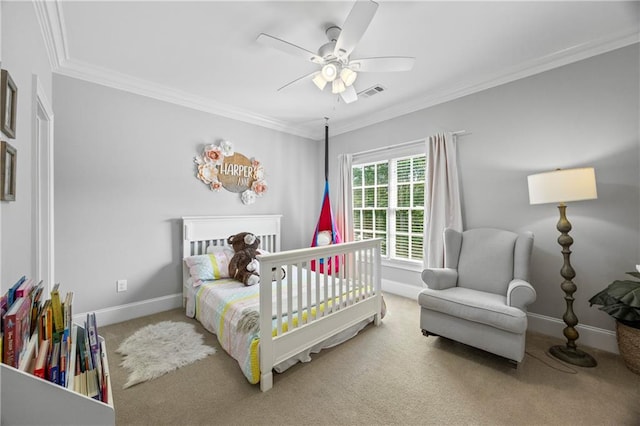 2517 Stone Manor Dr, Buford, GA 30519 - carpeted bedroom with baseboards, crown molding, and ceiling fan