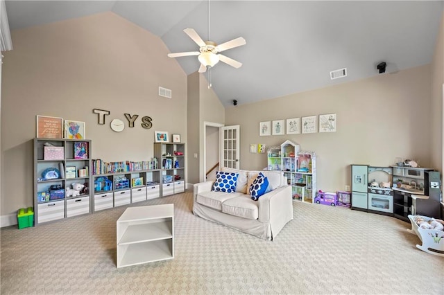 2517 Stone Manor Dr, Buford, GA 30519 - living area with carpet, a ceiling fan, and high vaulted ceiling