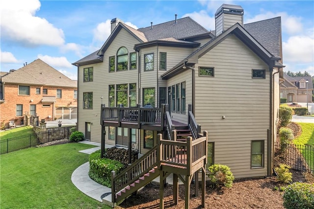2517 Stone Manor Dr, Buford, GA 30519 - rear view of house featuring stairs, a chimney, a wooden deck, and roof with shingles